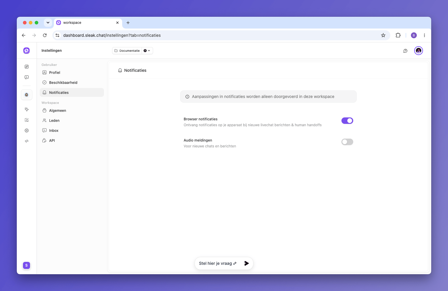 Sleak notificatie-instellingen met Browser notificaties ingeschakeld
