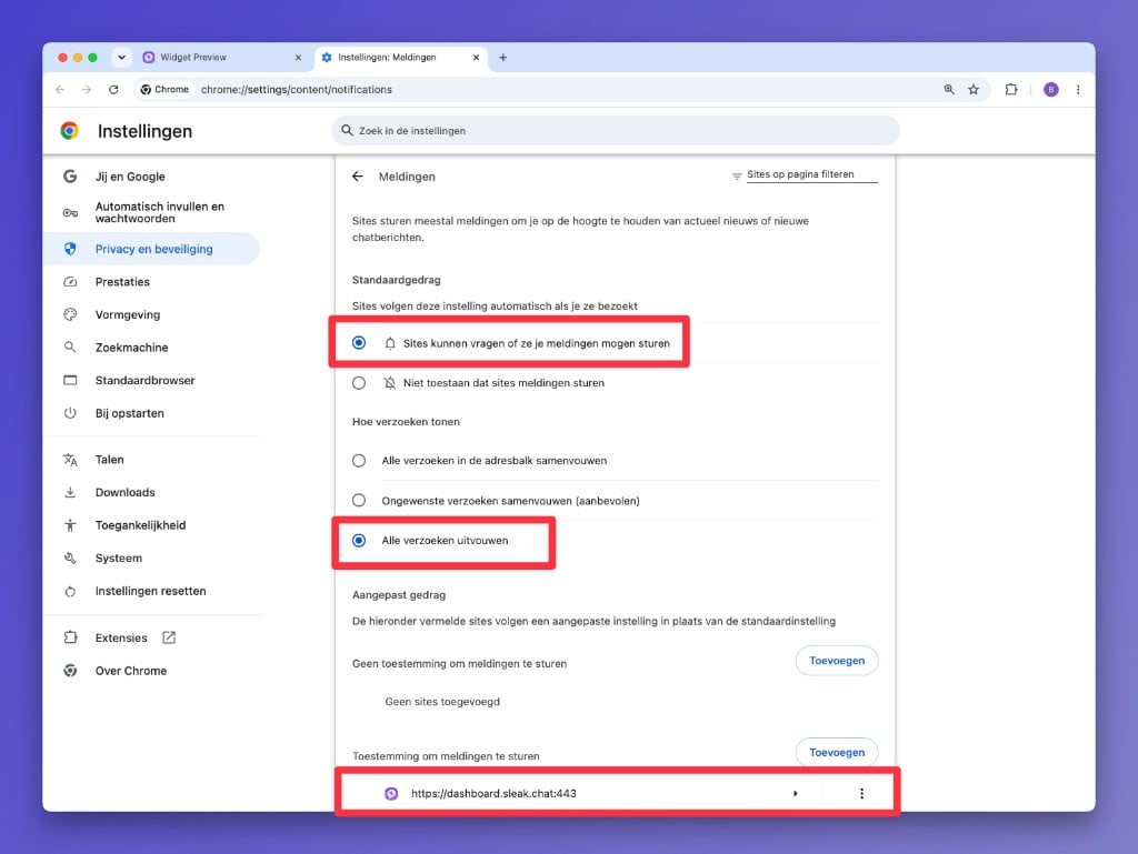 Chrome meldingsinstellingen met dashboard.sleak.chat toegestaan