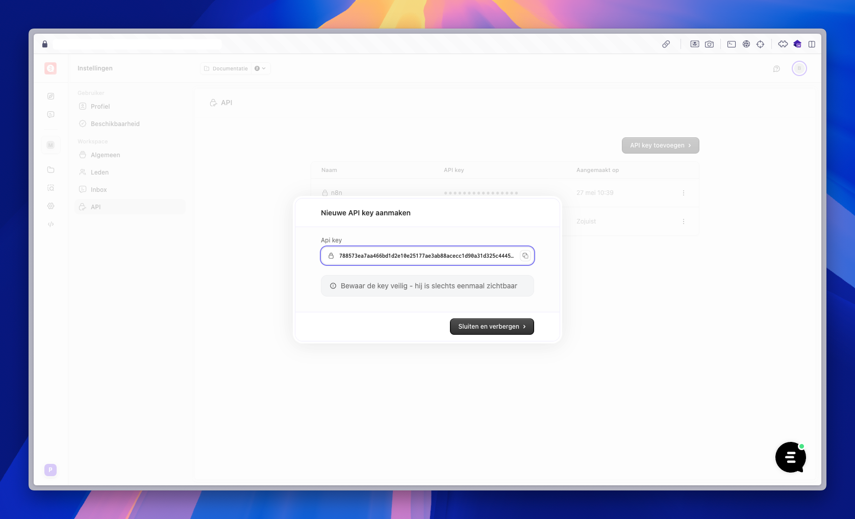 Maak een API key aan in je workspace