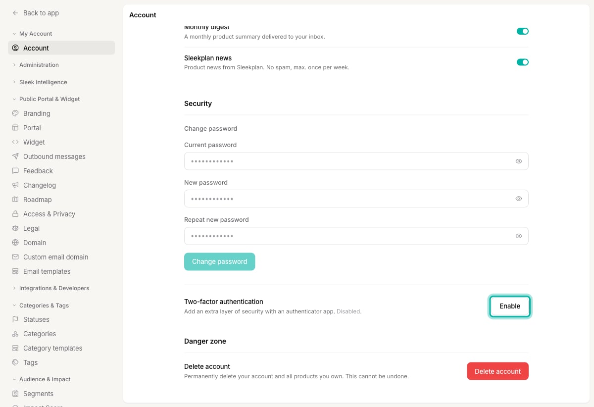 The Security section of Account settings with the Enable button for two-factor authentication highlighted