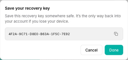 The Save your recovery key dialog with a copy button