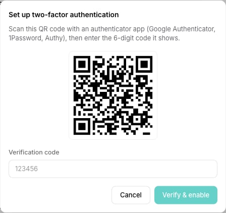 Two-factor setup dialog showing the QR code to scan and the verification code field
