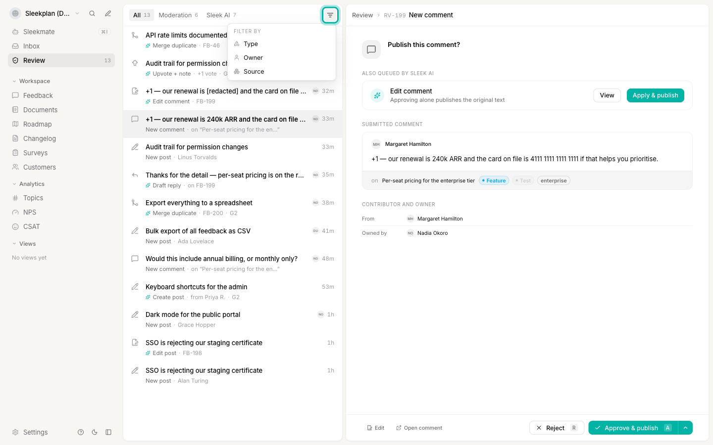 The Review queue filter menu, listing filters for type, owner and source