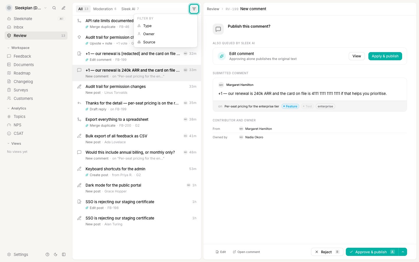 The Review queue filter menu, listing filters for type, owner and source