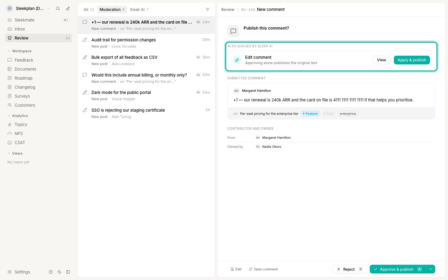 A held comment with an AI edit shown above it under Also queued by Sleek AI, offering View and Apply and publish
