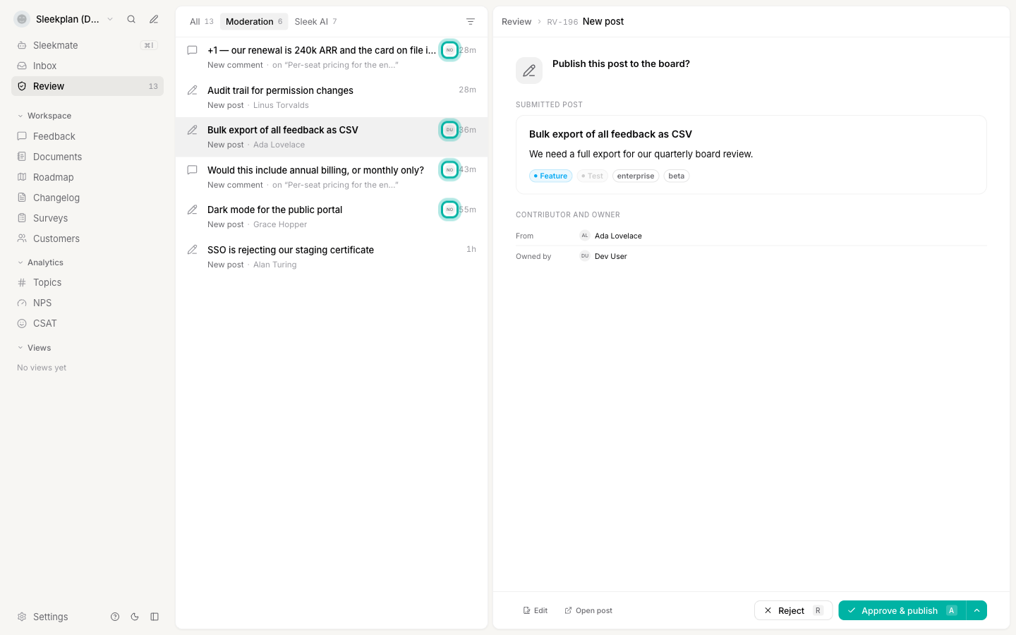 The Review queue list, with an owner avatar beside the age on the rows that are assigned