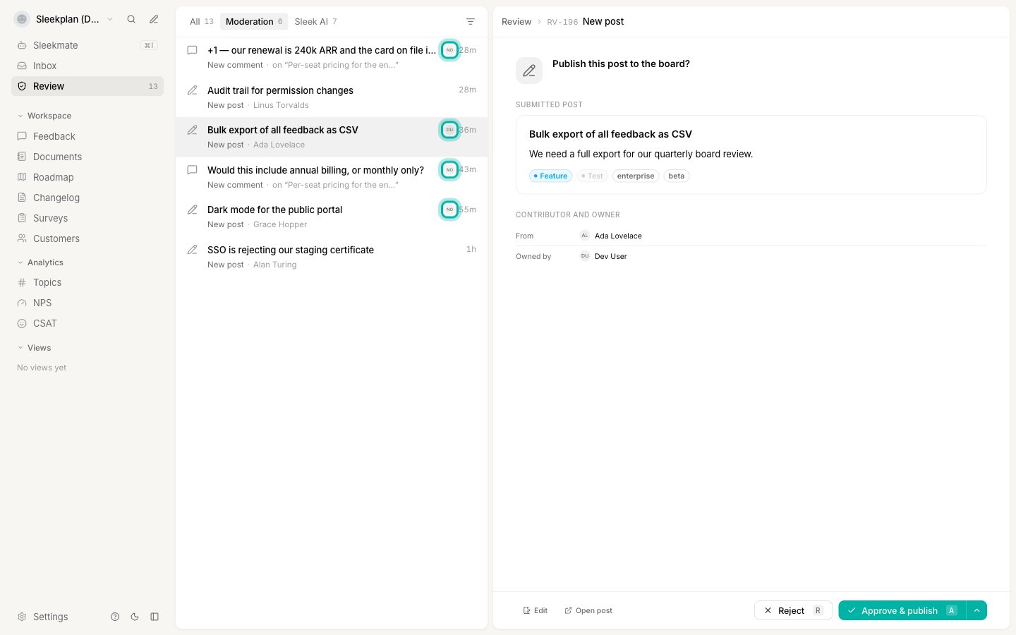 The Review queue list, with an owner avatar beside the age on the rows that are assigned