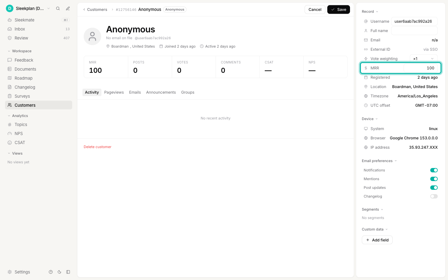 A customer profile in edit mode with the MRR field in the Record panel highlighted