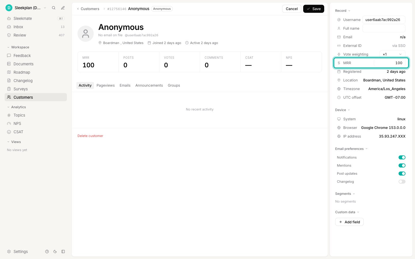 A customer profile in edit mode with the MRR field in the Record panel highlighted