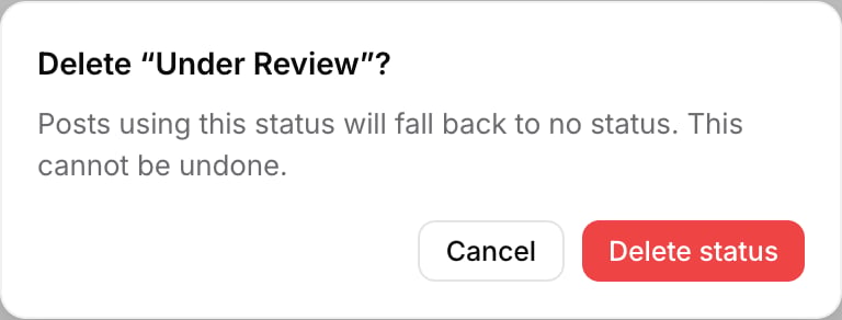 The delete confirmation dialog reading Delete Under Review, warning that posts using this status will fall back to no status and this cannot be undone