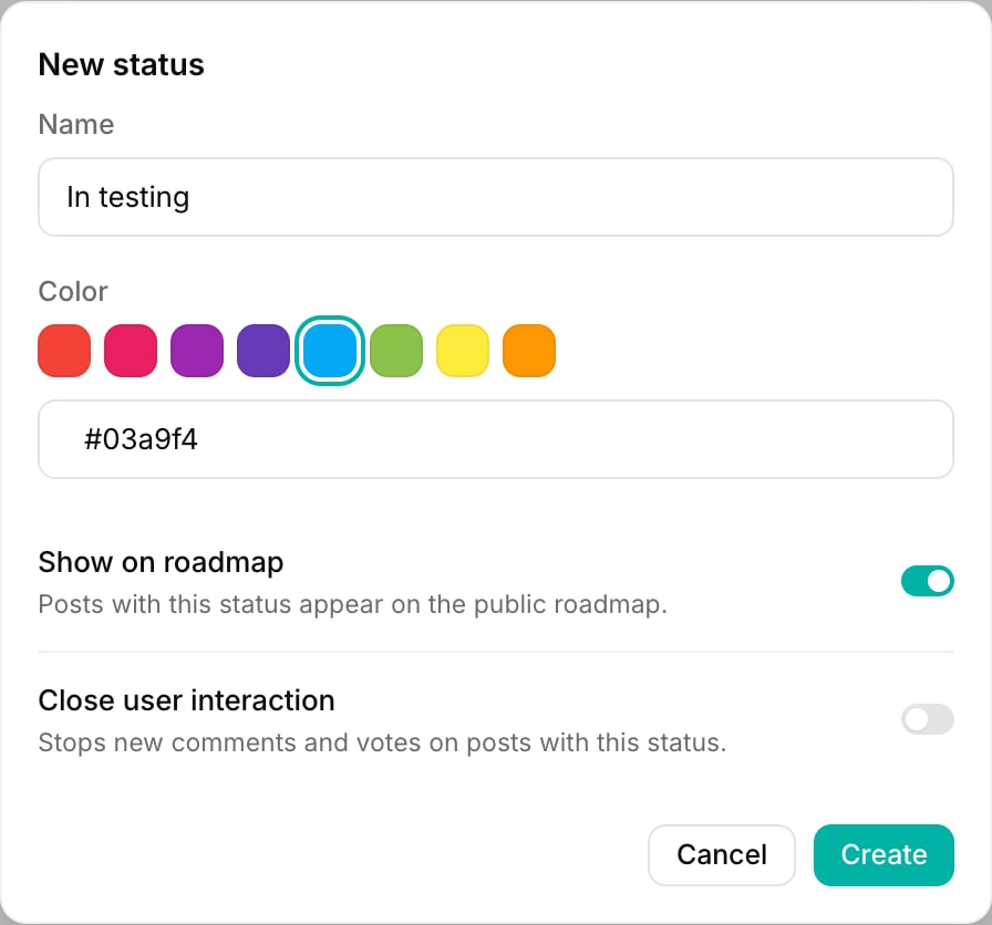 The New status dialog with a Name field, a color swatch picker, a Show on roadmap toggle, and a Close user interaction toggle