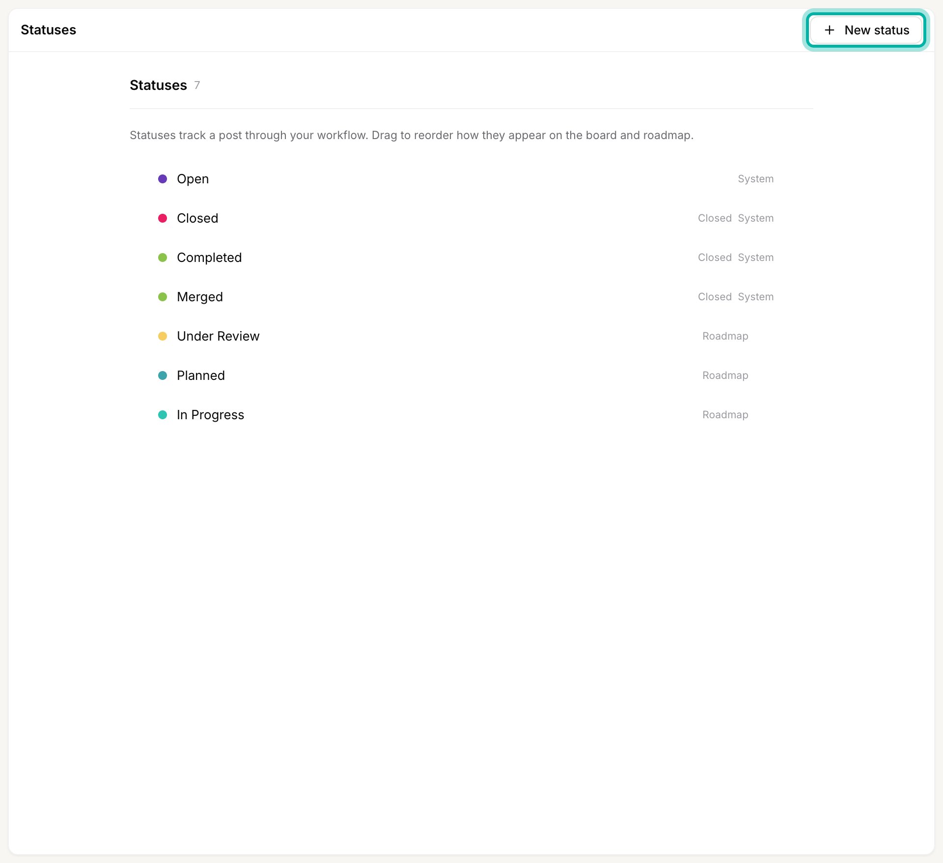 The Statuses settings page listing Open, Closed, Completed, and Merged marked System, plus Under Review, Planned, and In Progress marked Roadmap, with the New status button highlighted