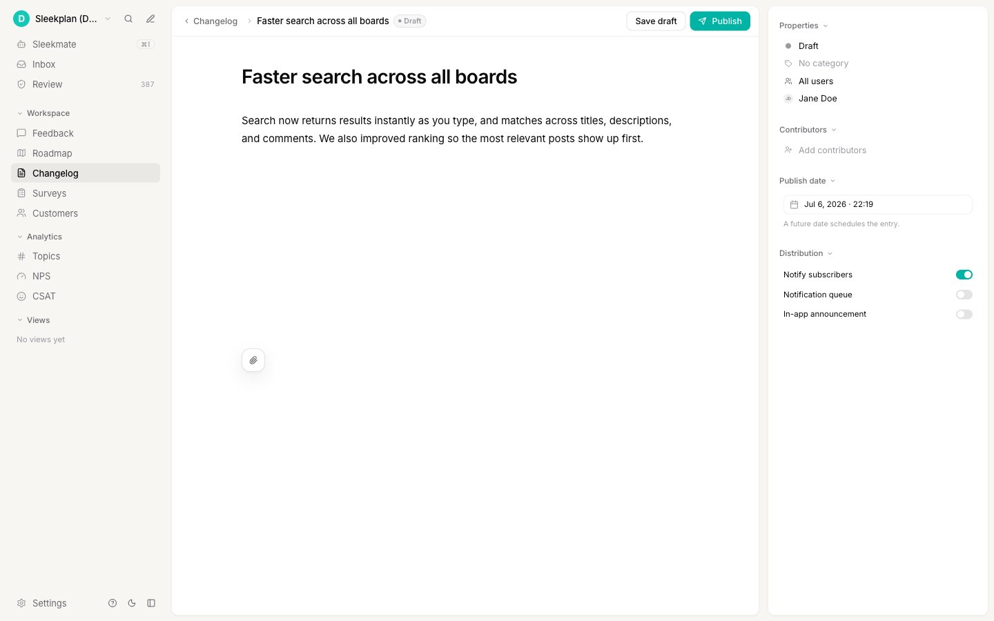 The changelog composer with a title, body editor, and options panel