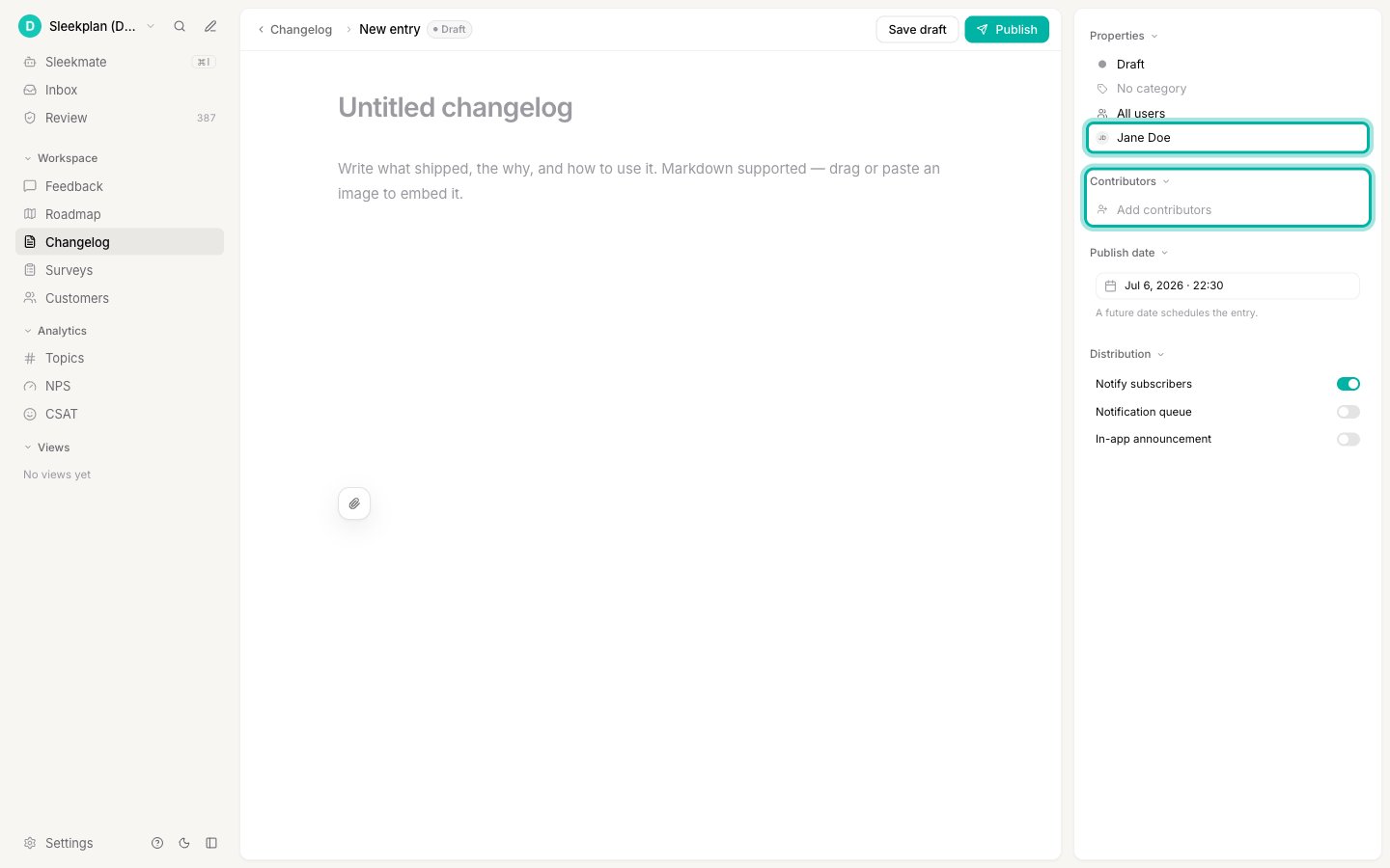 The Created by and Contributors controls in the changelog options panel