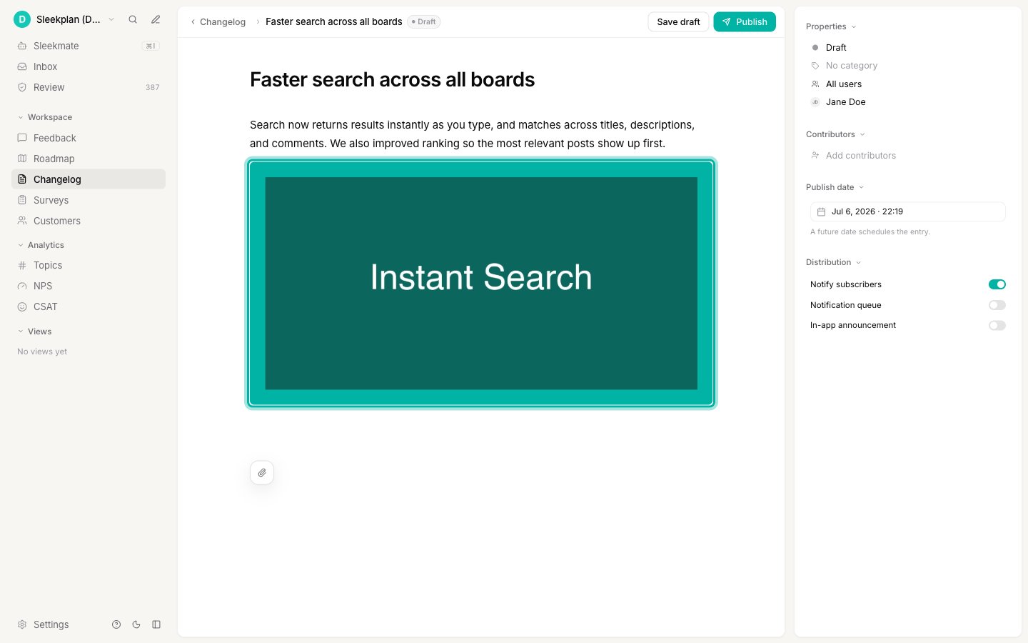 An image being dragged into the changelog body and embedded inline