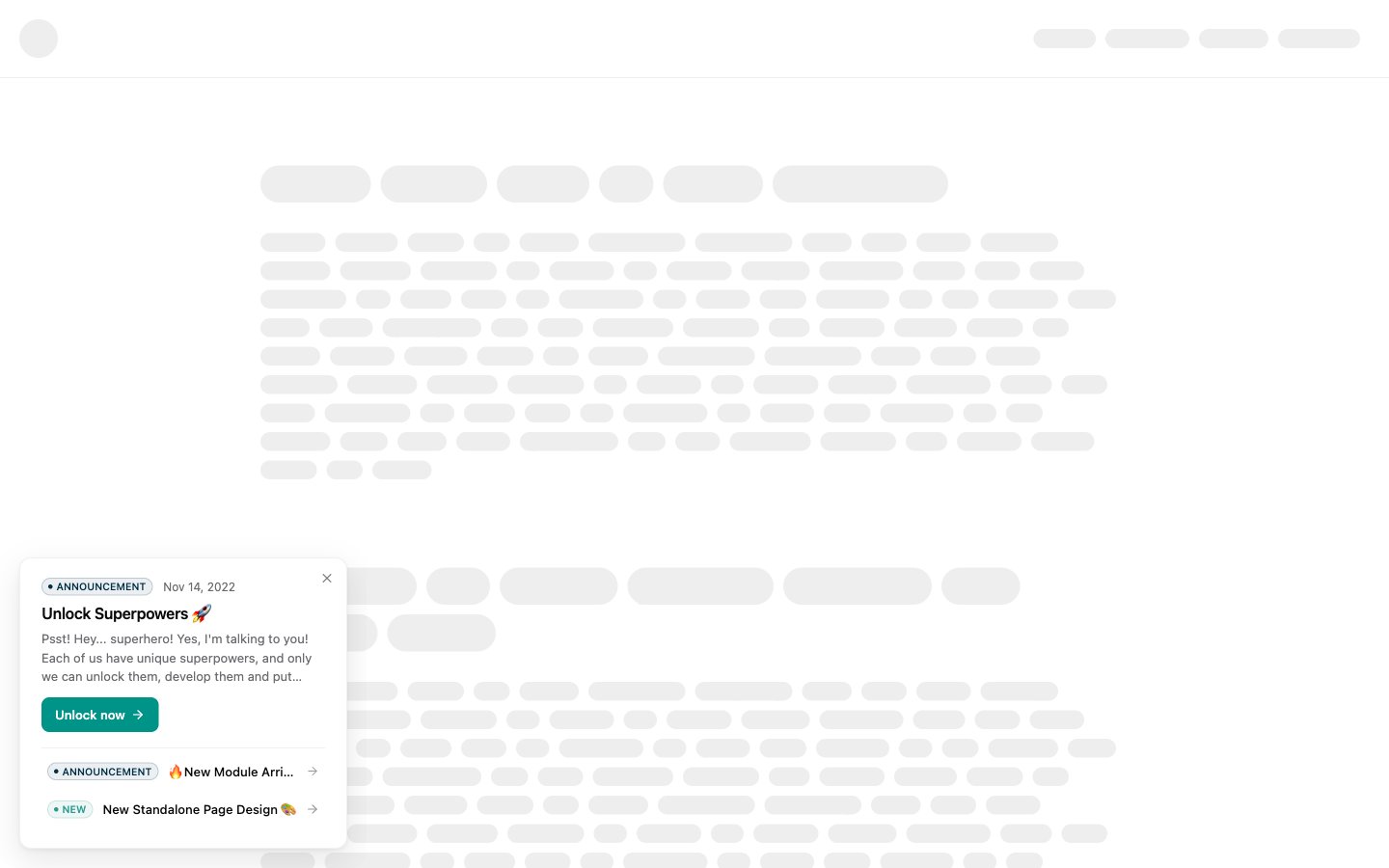 A changelog In-app announcement shown as a New Updates pop-up on a live site