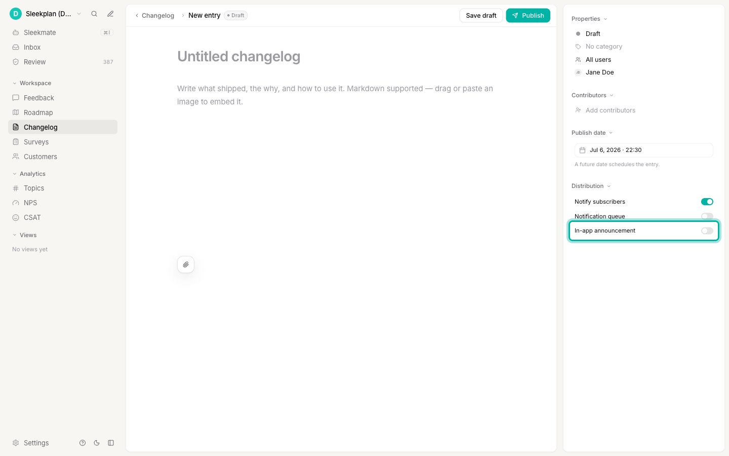 The In-app announcement toggle in the changelog entry editor's publish panel