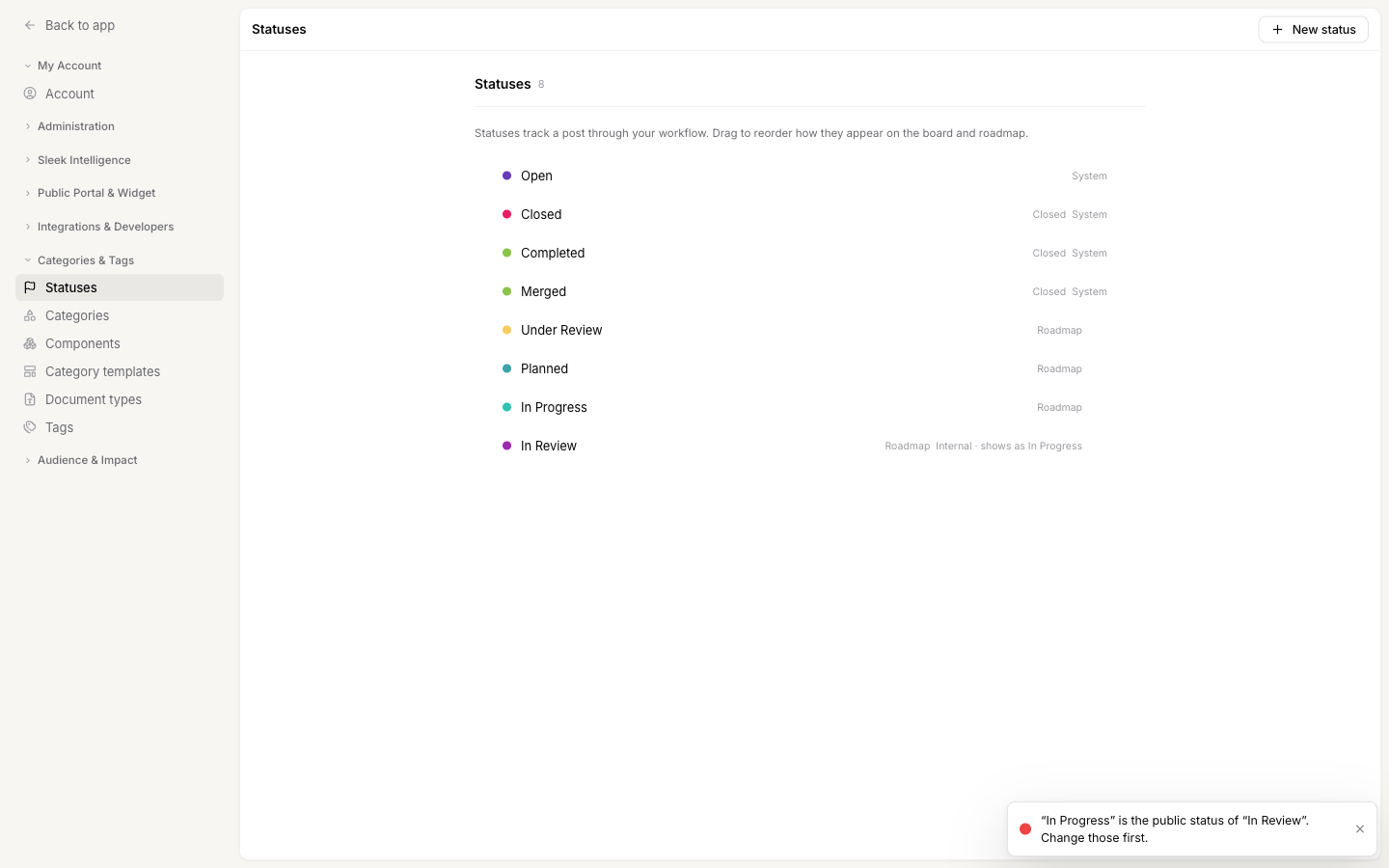 The Statuses list with an error message reading, In Progress is the public status of In Review, change those first