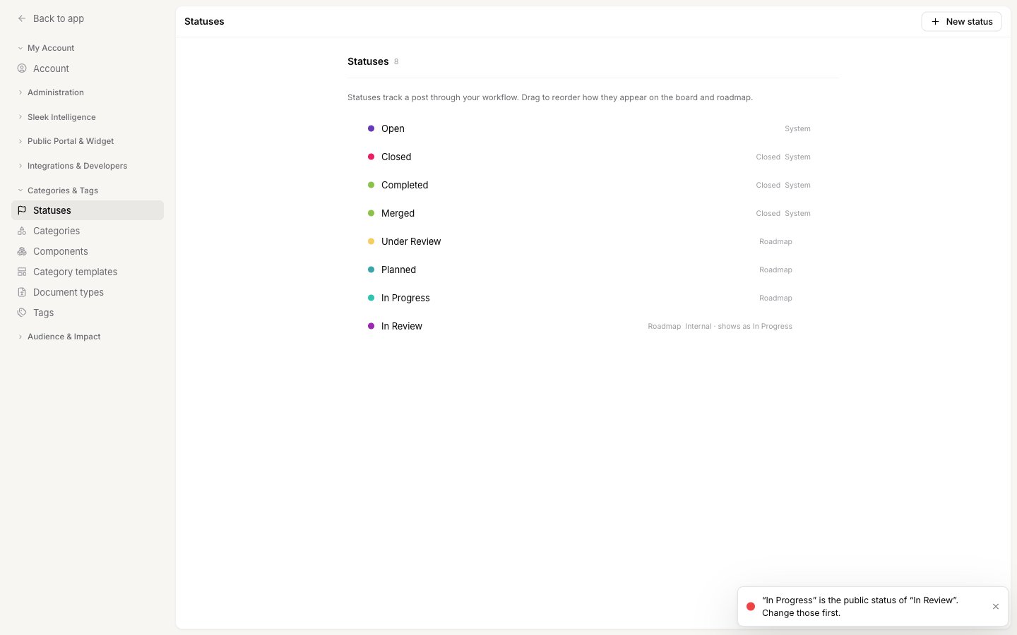 The Statuses list with an error message reading, In Progress is the public status of In Review, change those first