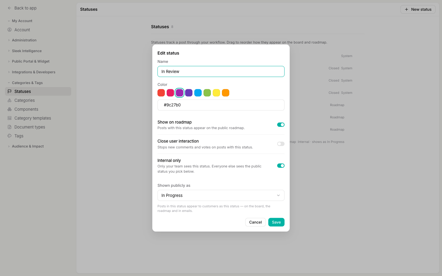 The Edit status dialog for In Review, with the Internal only toggle switched on and the Shown publicly as picker set to In Progress