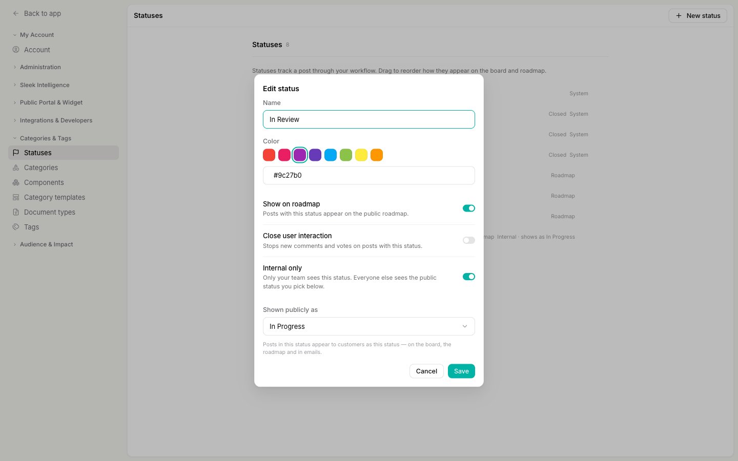 The Edit status dialog for In Review, with the Internal only toggle switched on and the Shown publicly as picker set to In Progress