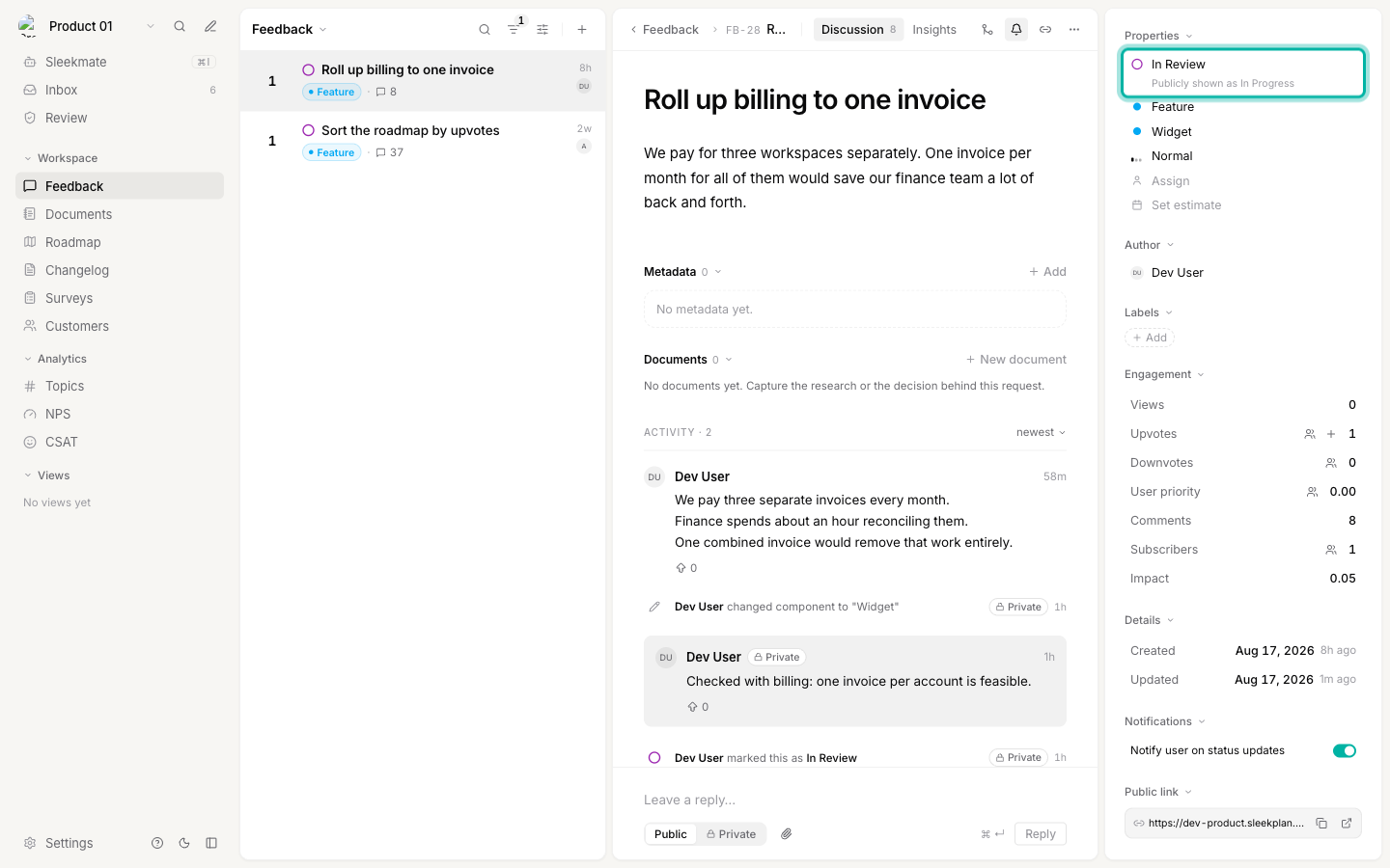 A feedback post open in the dashboard, with the status In Review and the line Publicly shown as In Progress underneath it