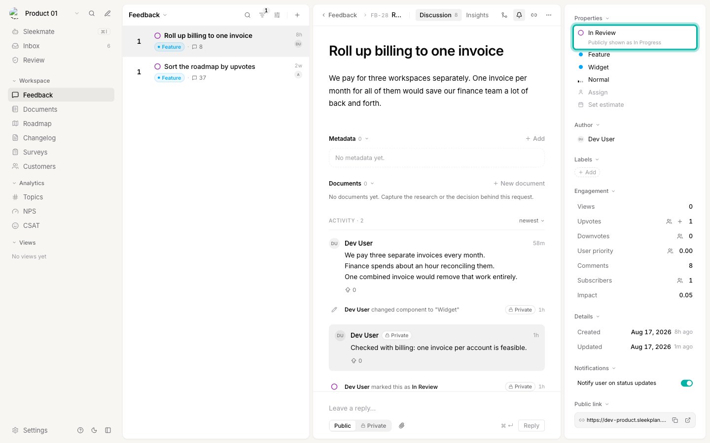 A feedback post open in the dashboard, with the status In Review and the line Publicly shown as In Progress underneath it