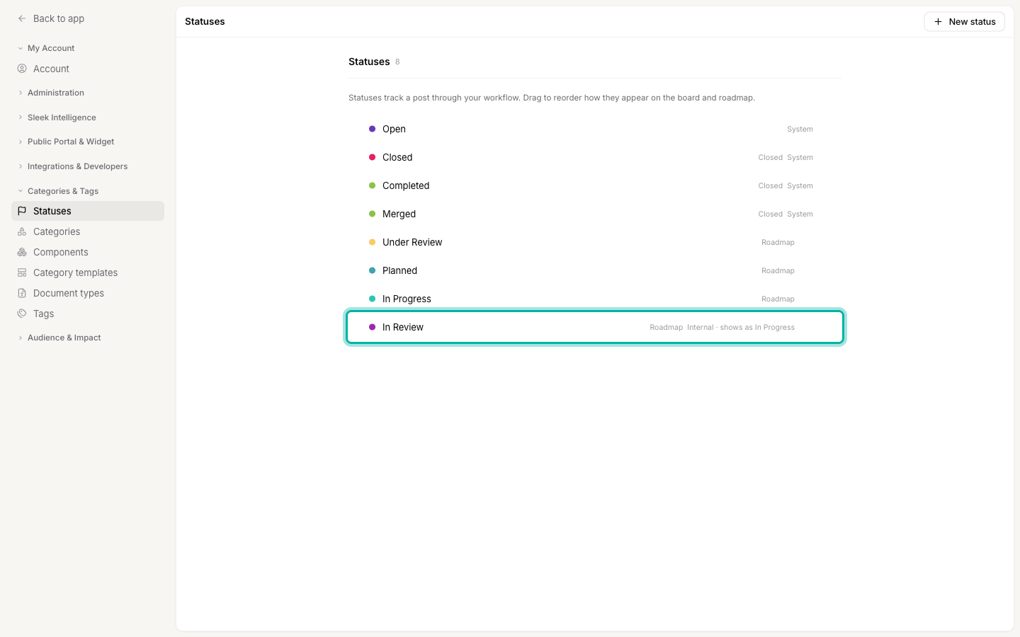 The Statuses settings list with the In Review row labelled Internal, shows as In Progress