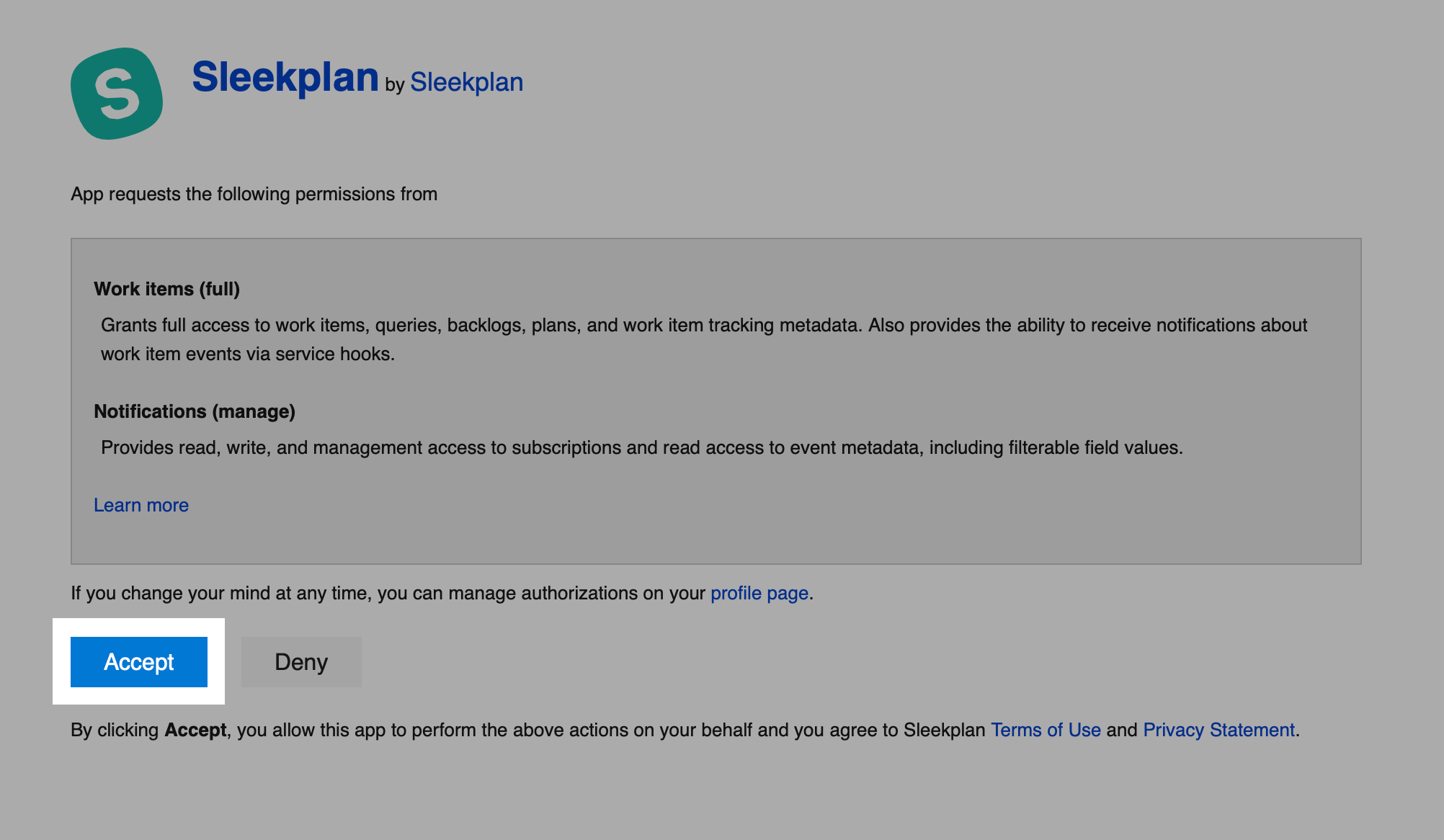 The Azure DevOps OAuth consent screen showing the permissions Sleekplan requests, with the Accept button