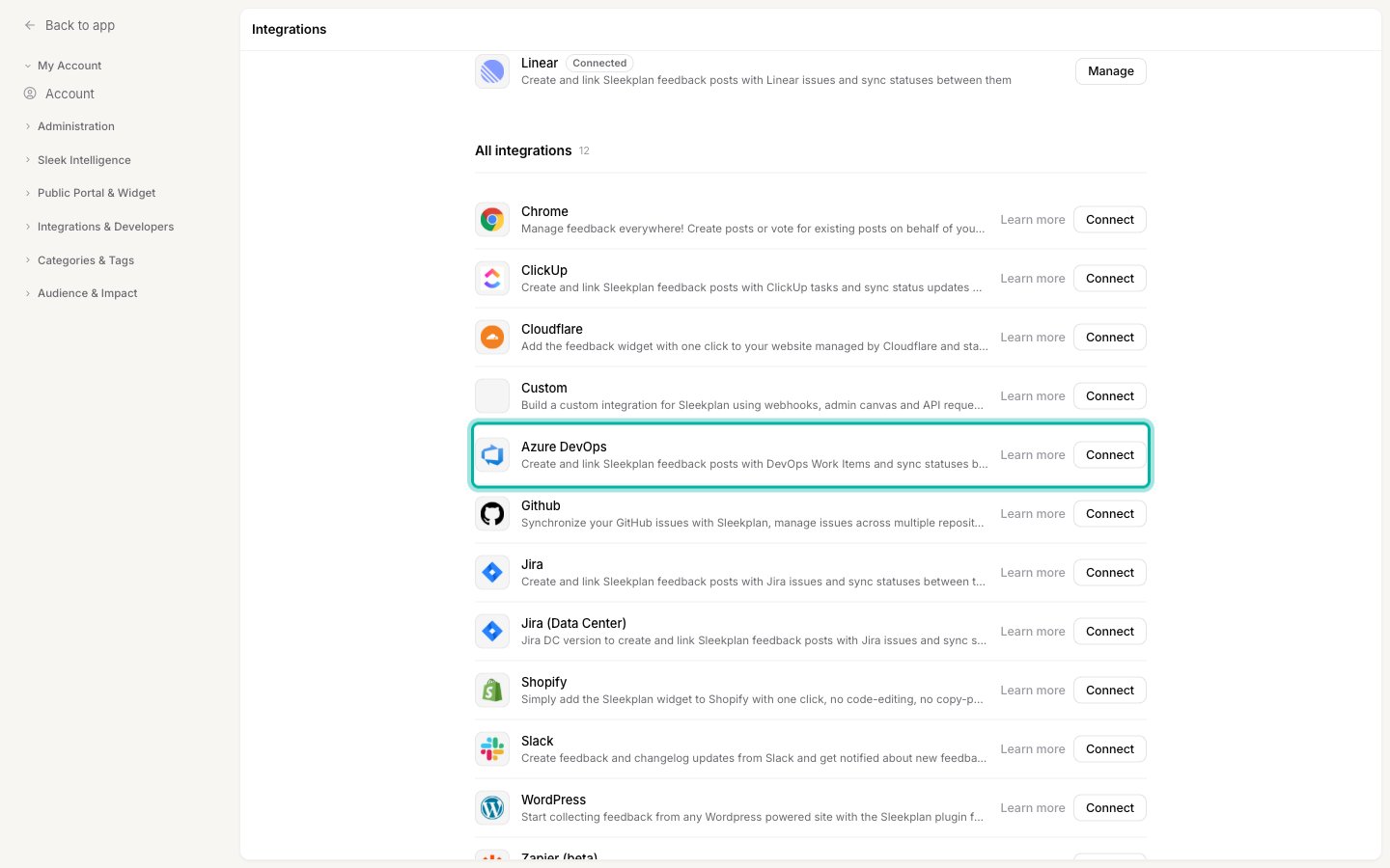 The Integrations settings screen with the Azure DevOps row highlighted and its Connect button