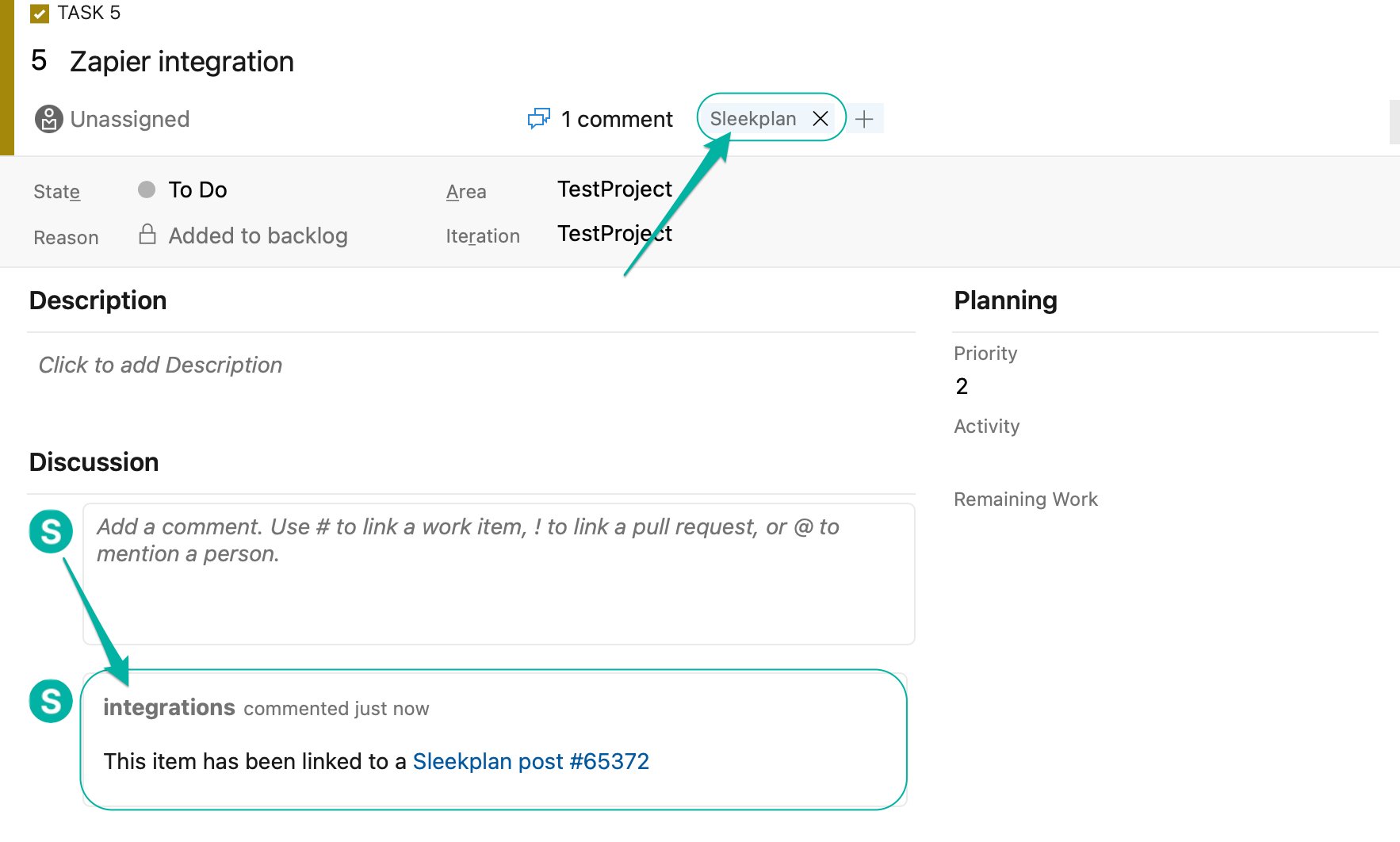 An Azure DevOps work item with the Sleekplan tag and a comment in its Discussion linking back to the Sleekplan post