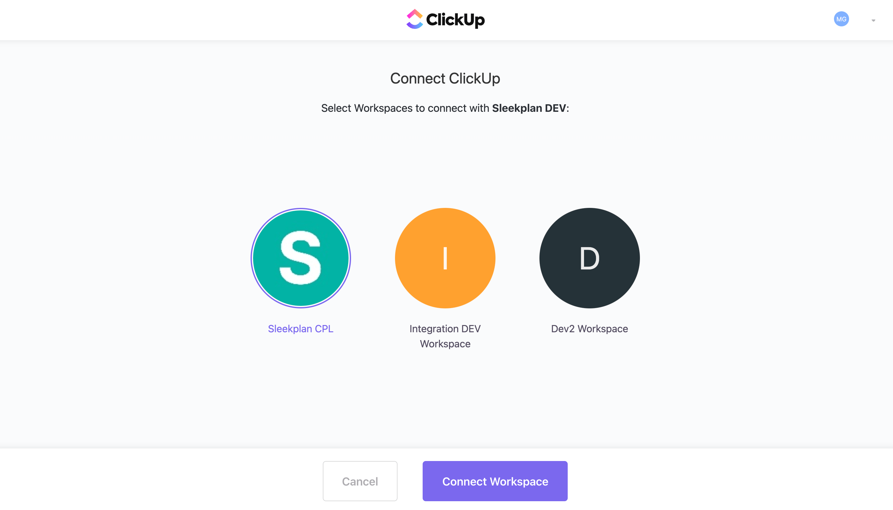 ClickUp's Connect ClickUp authorization screen with workspaces to select and the Connect Workspace button