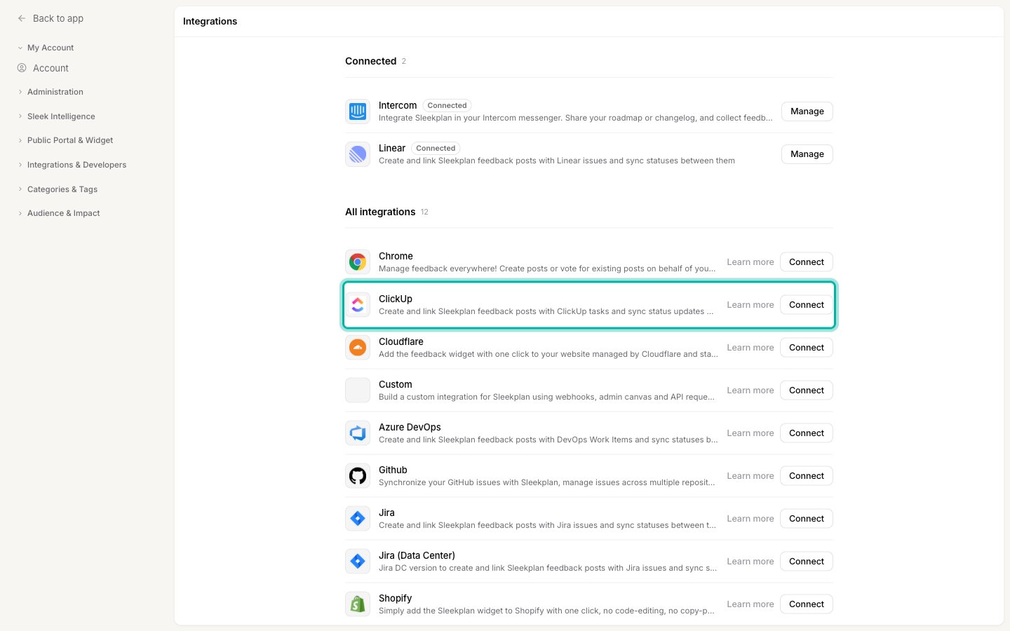 The Integrations settings screen with the ClickUp row highlighted under All integrations