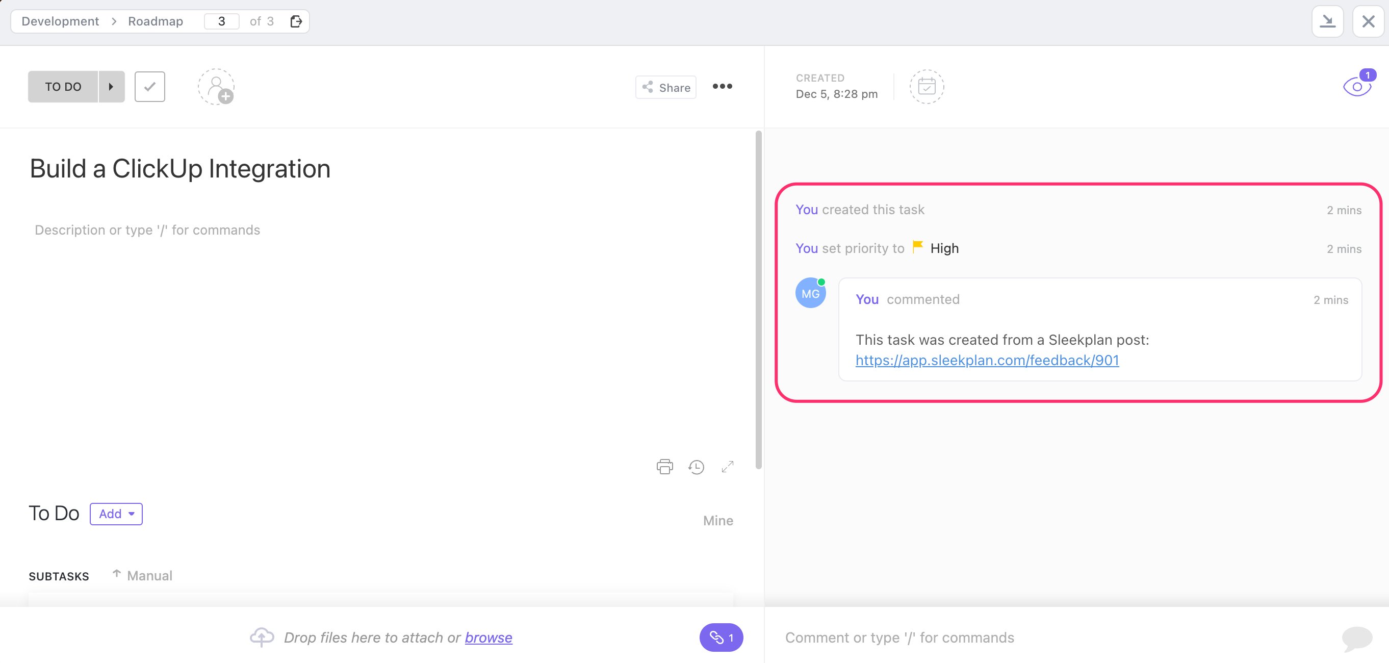 A ClickUp task with an automatic comment linking back to the Sleekplan post it was created from