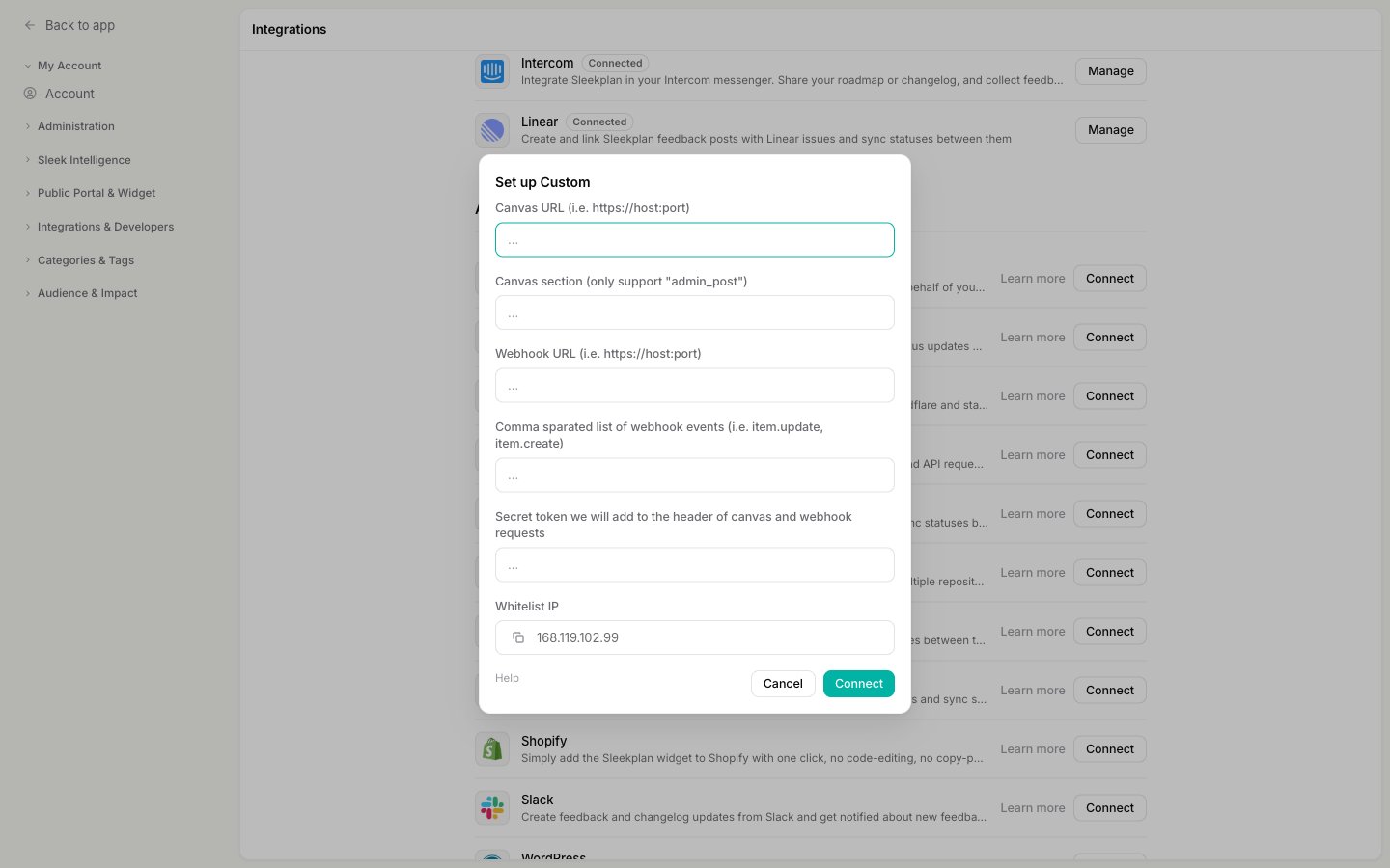 The Set up Custom dialog with fields for Canvas URL, Canvas section, Webhook URL, webhook events, and a secret token