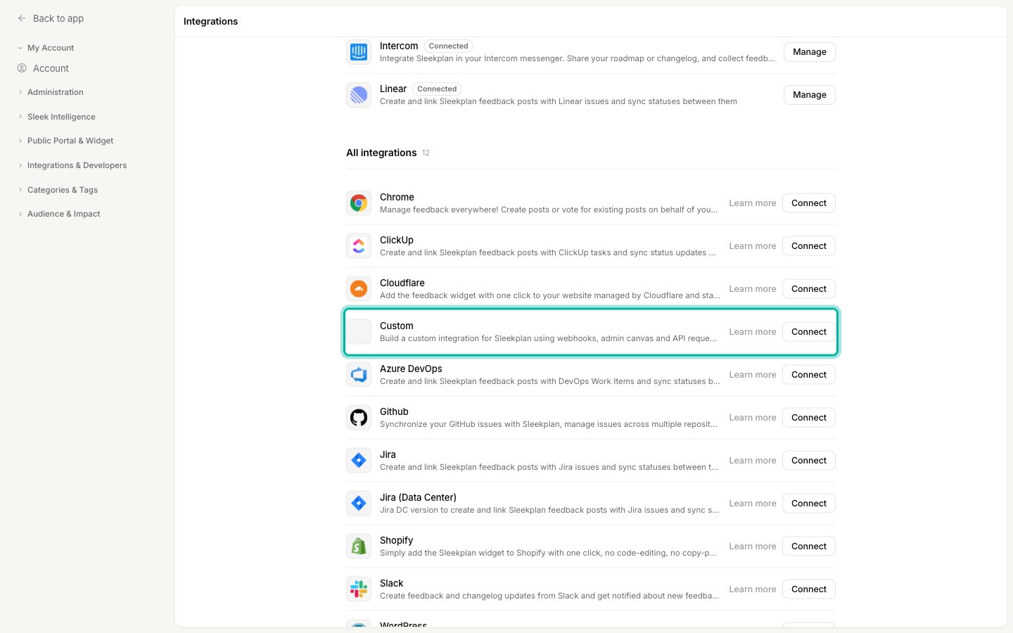 The Integrations settings screen with the Custom integration in the list