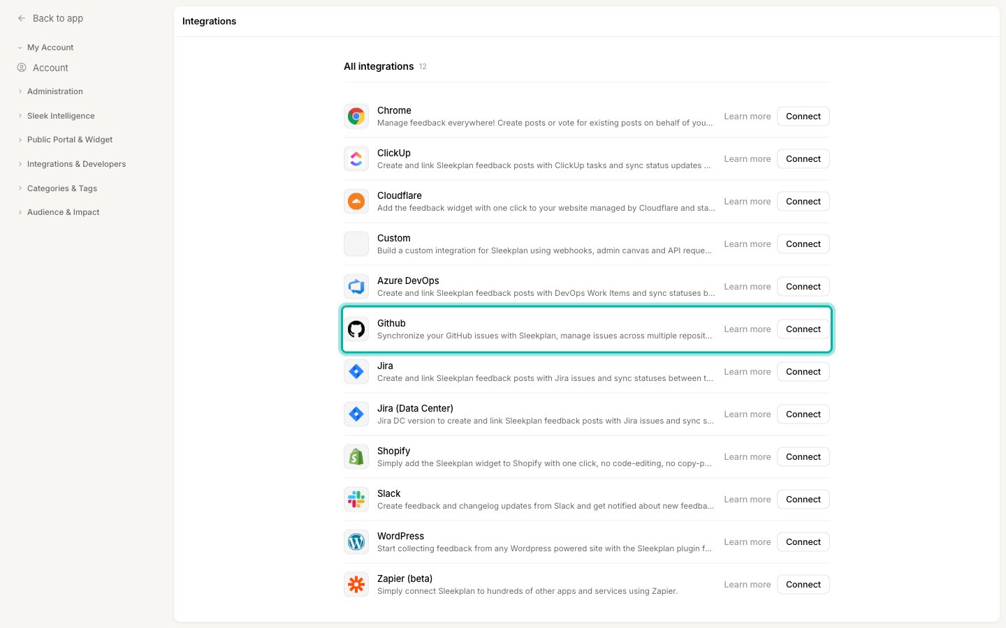 The Integrations screen with the Github row highlighted in the All integrations list