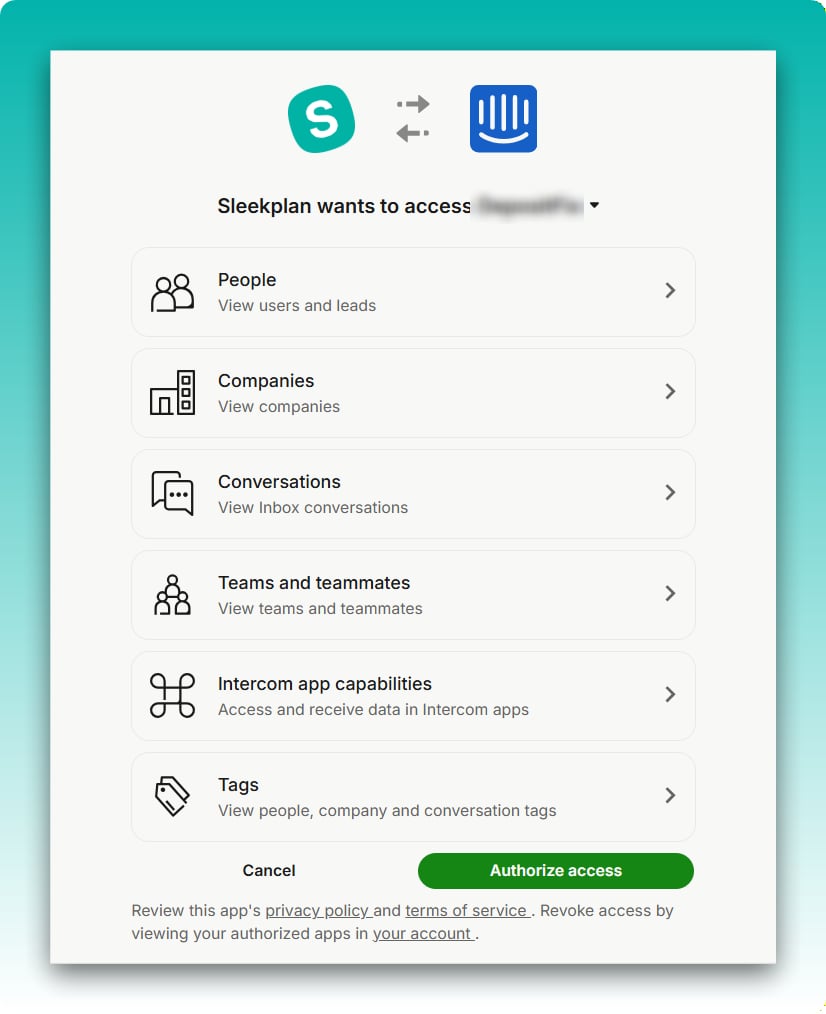 Intercom's authorization screen listing the access Sleekplan requests, with the Authorize access button