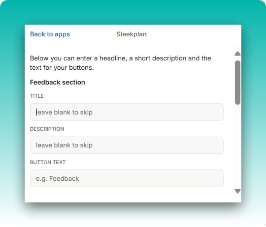 The Sleekplan app step inside Intercom for entering an optional title, description, and button text for each section