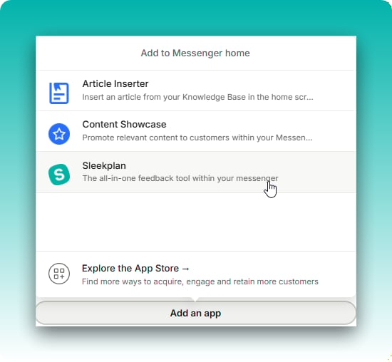 Intercom's Add to Messenger home app picker with Sleekplan listed as an option