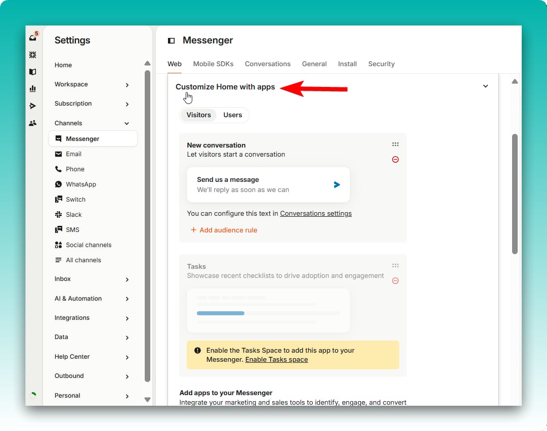 The Customize Home with apps section in the Intercom Messenger settings