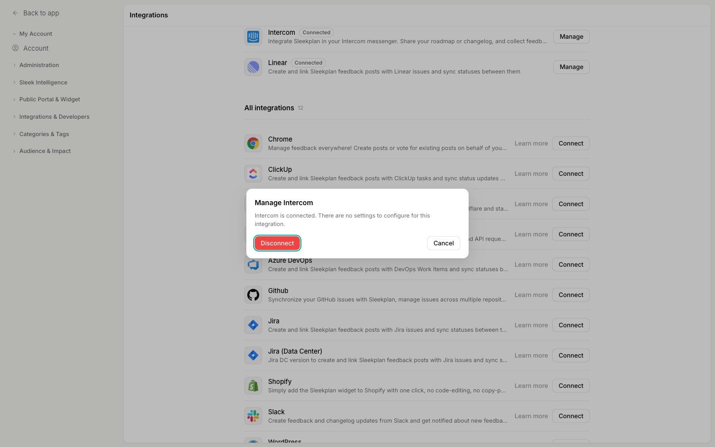 The Manage Intercom dialog showing that there are no settings to configure and a Disconnect button