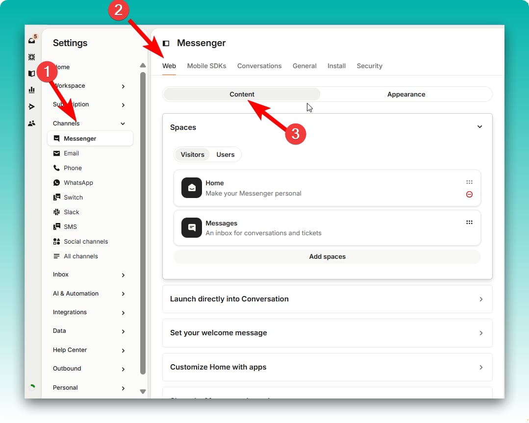 The Intercom Messenger Web Content settings with the Content tab and the Home space selected