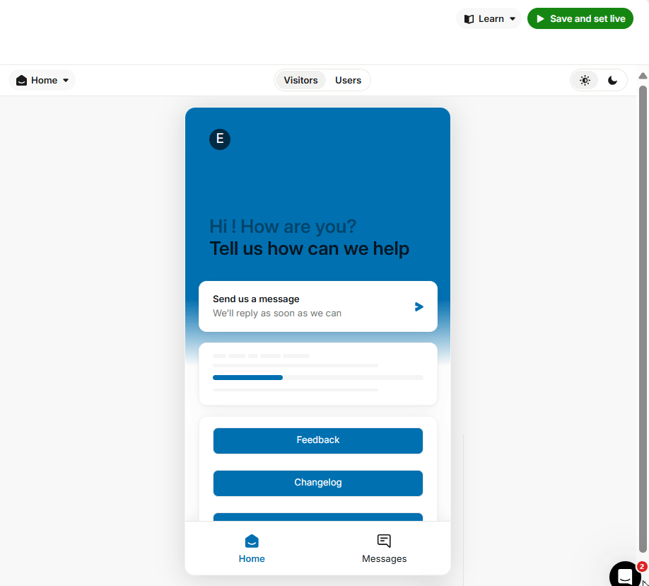 The Intercom Messenger home preview showing Sleekplan's Feedback and Changelog buttons, with the Save and set live button