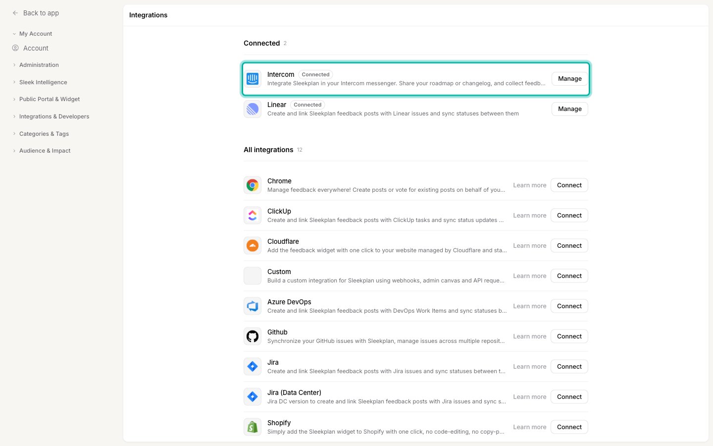 The Sleekplan Integrations screen with the Intercom row highlighted in the Connected section