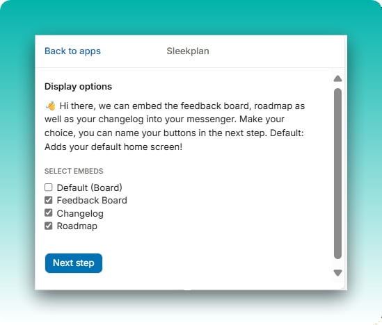 The Sleekplan app display options inside Intercom with Feedback Board, Changelog, and Roadmap embed checkboxes