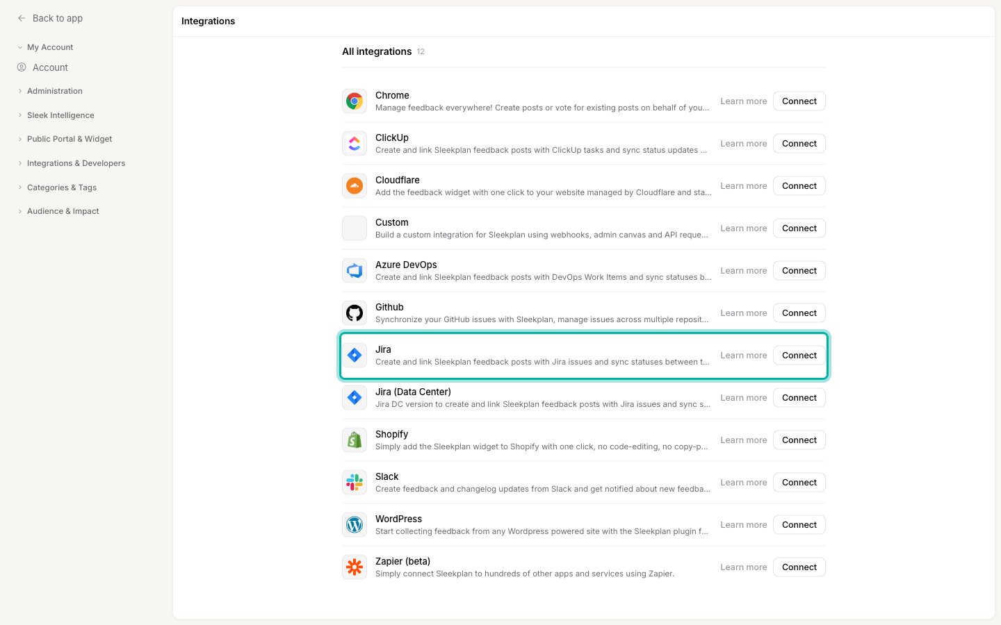 The Integrations settings screen with the Jira row in the all-integrations list