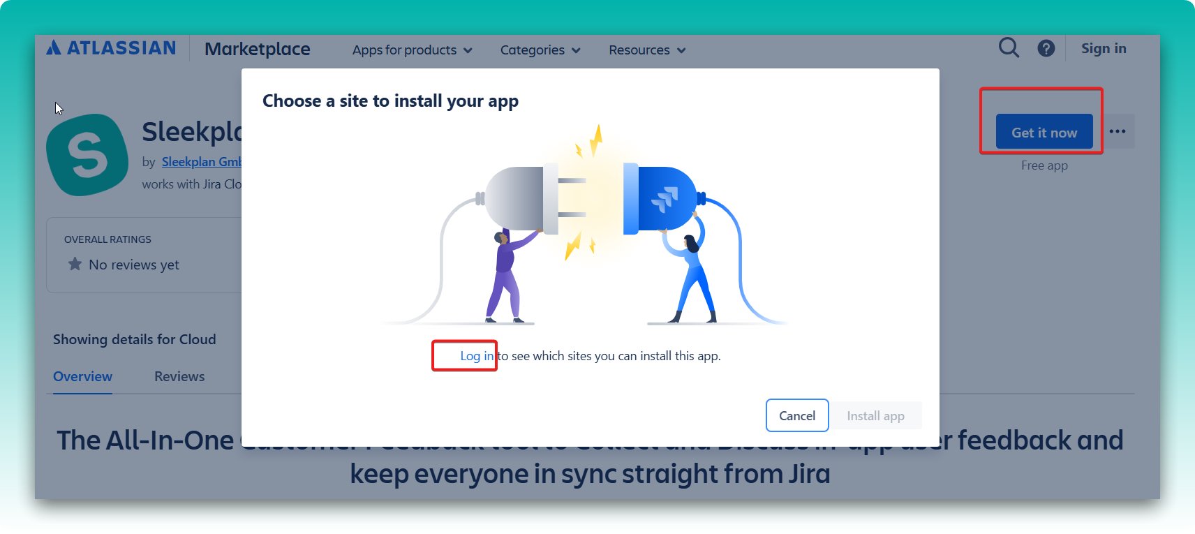 The Sleekplan app listing on the Atlassian Marketplace with the Get it now button highlighted