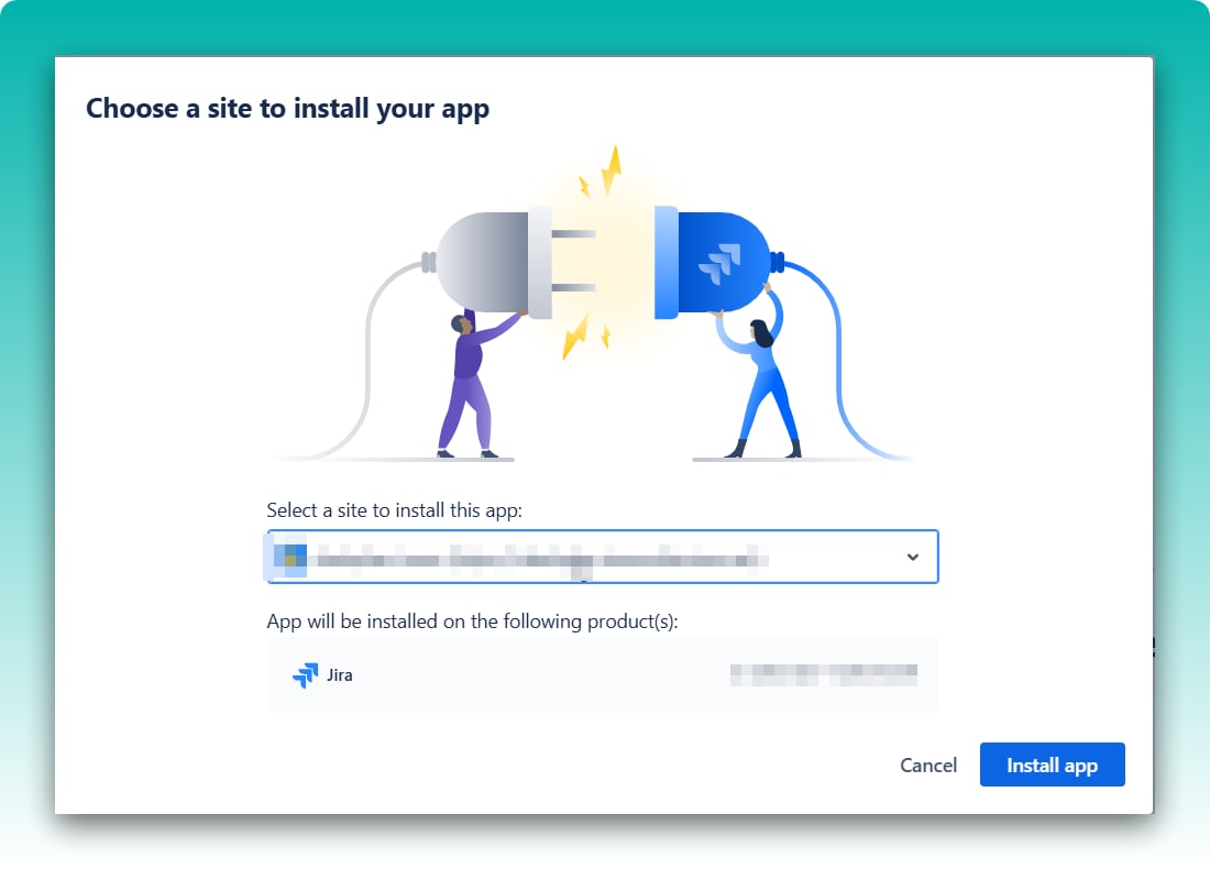 The Atlassian install dialog with a Jira site selected and the Install app button