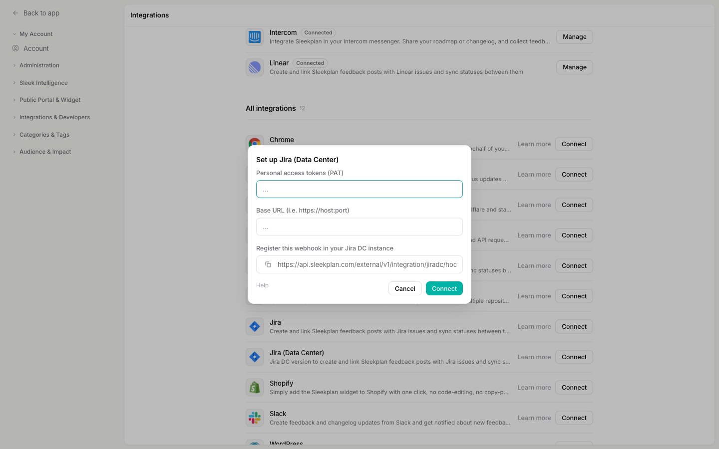 The Set up Jira (Data Center) dialog showing the PAT field, Base URL field, and the webhook URL to register